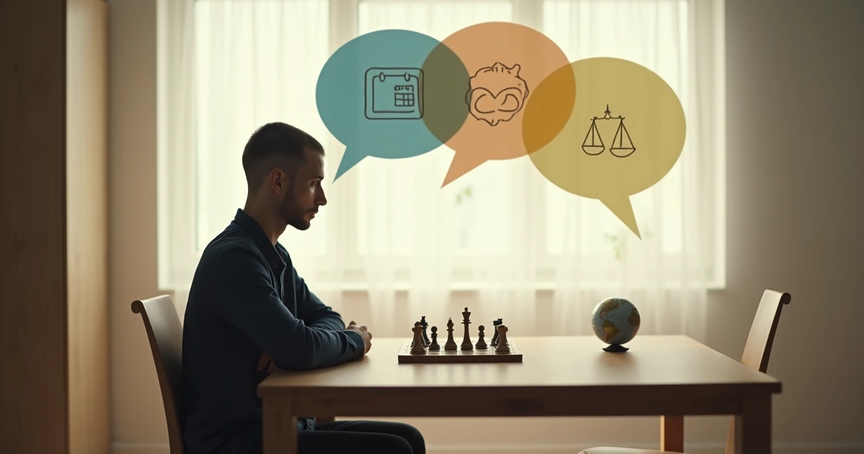 Silueta de persona frente a mesa con piezas de ajedrez y burbujas de pensamientos opuestos 