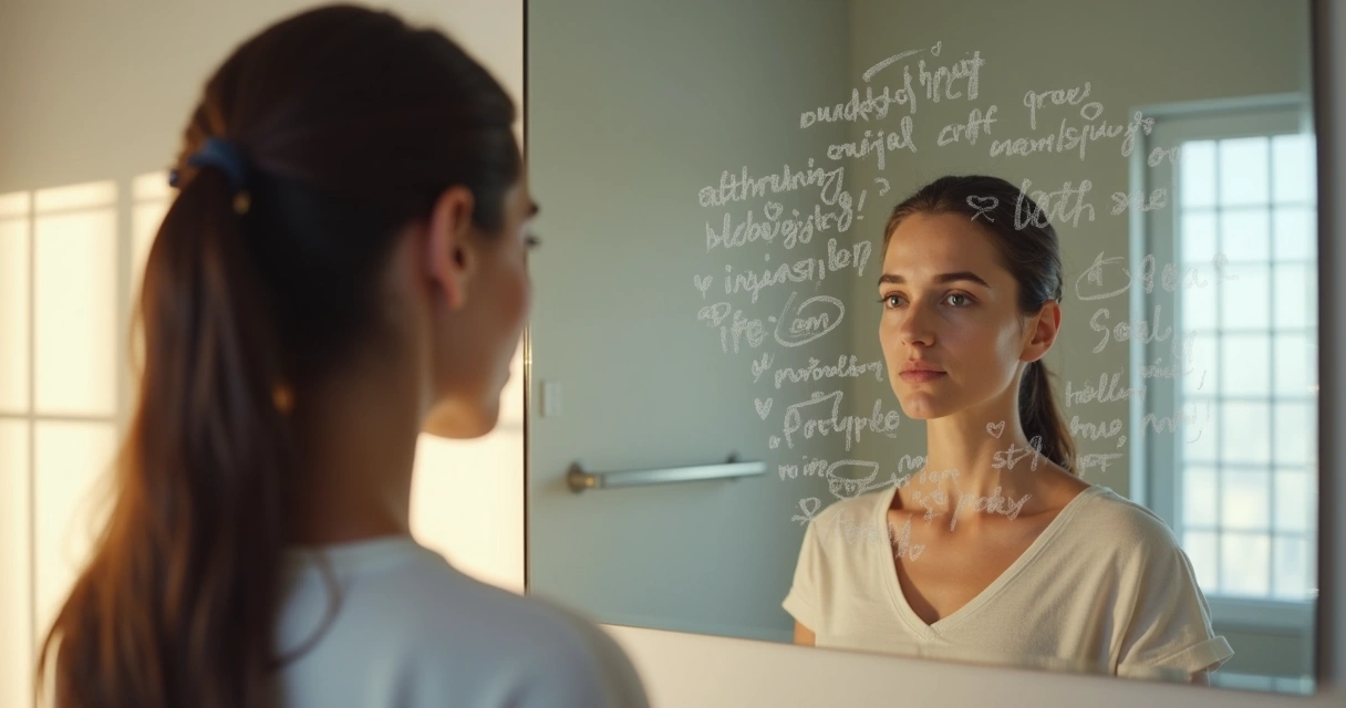 Persona frente al espejo con reflejo lleno de pensamientos superpuestos 