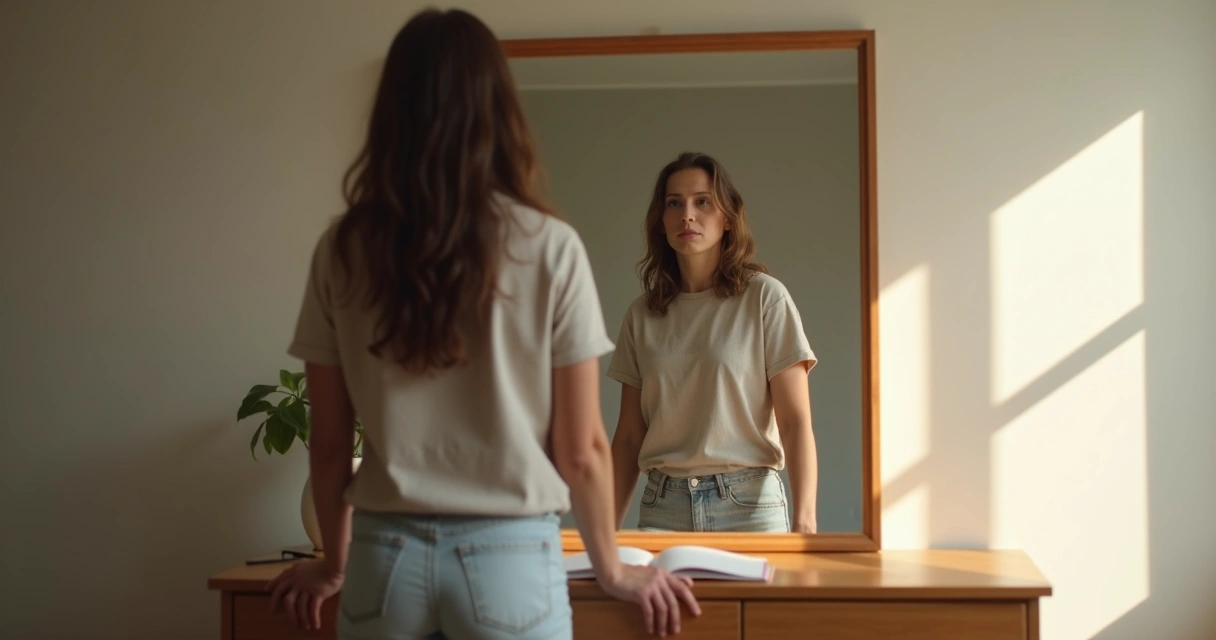 Pessoa em pé diante de um espelho grande refletindo expressão pensativa 