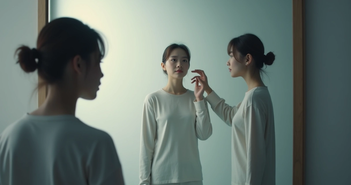 Pessoa olhando para o próprio reflexo em um espelho, sugerindo um diálogo interno