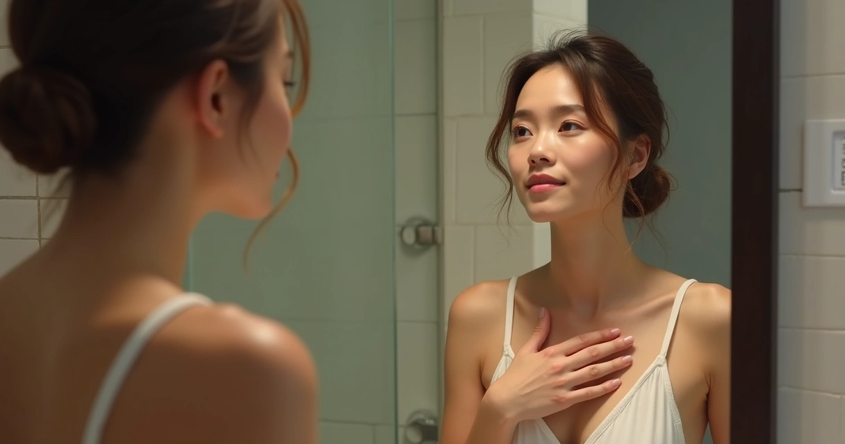 Pessoa olhando para o espelho com expressão de reflexão, tocando o próprio peito, em banheiro claro. 