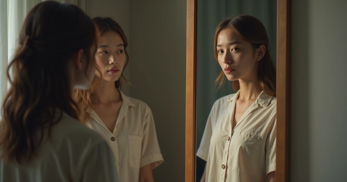 Pessoa olhando para si mesma no espelho em cena que simboliza diálogo interno. 