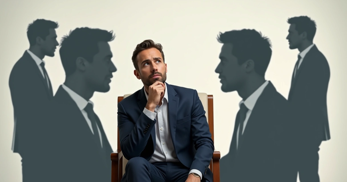 Homem sentado refletindo, com expressões faciais distintas refletidas em silhuetas ao fundo, representando diferentes vozes interiores. 