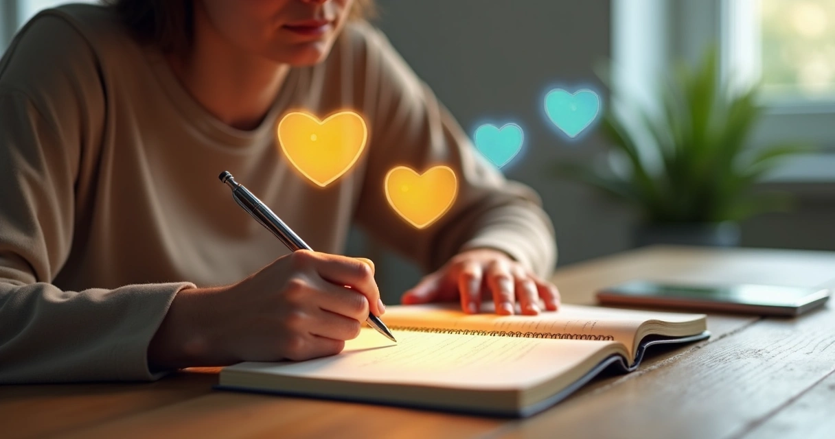 Persona escribiendo su diálogo interno en un cuaderno con formas de colores que representan emociones alrededor 