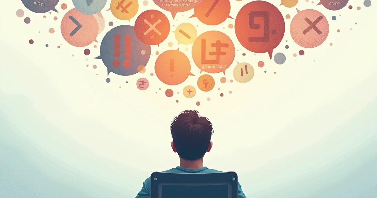 Ilustración de una persona reflexionando con una nube de pensamientos alrededor 