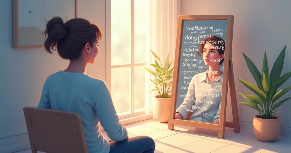 Ilustración de una persona pensando frente a un espejo, reflejando palabras negativas que se transforman en positivas 