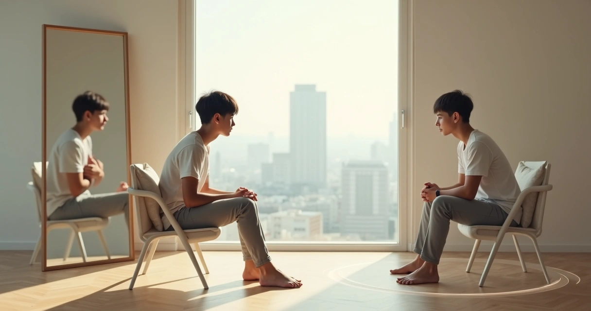 Persona frente al espejo con reflejos múltiples representando su diálogo interno 