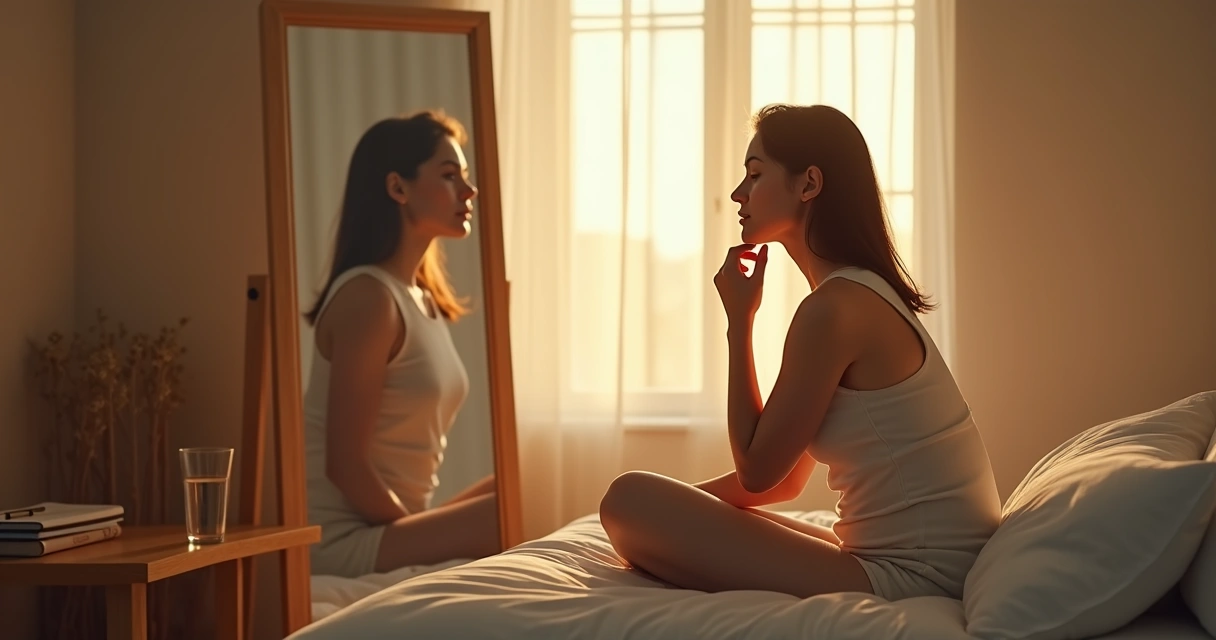 Persona reflexionando frente al espejo con doble imagen de sí misma 