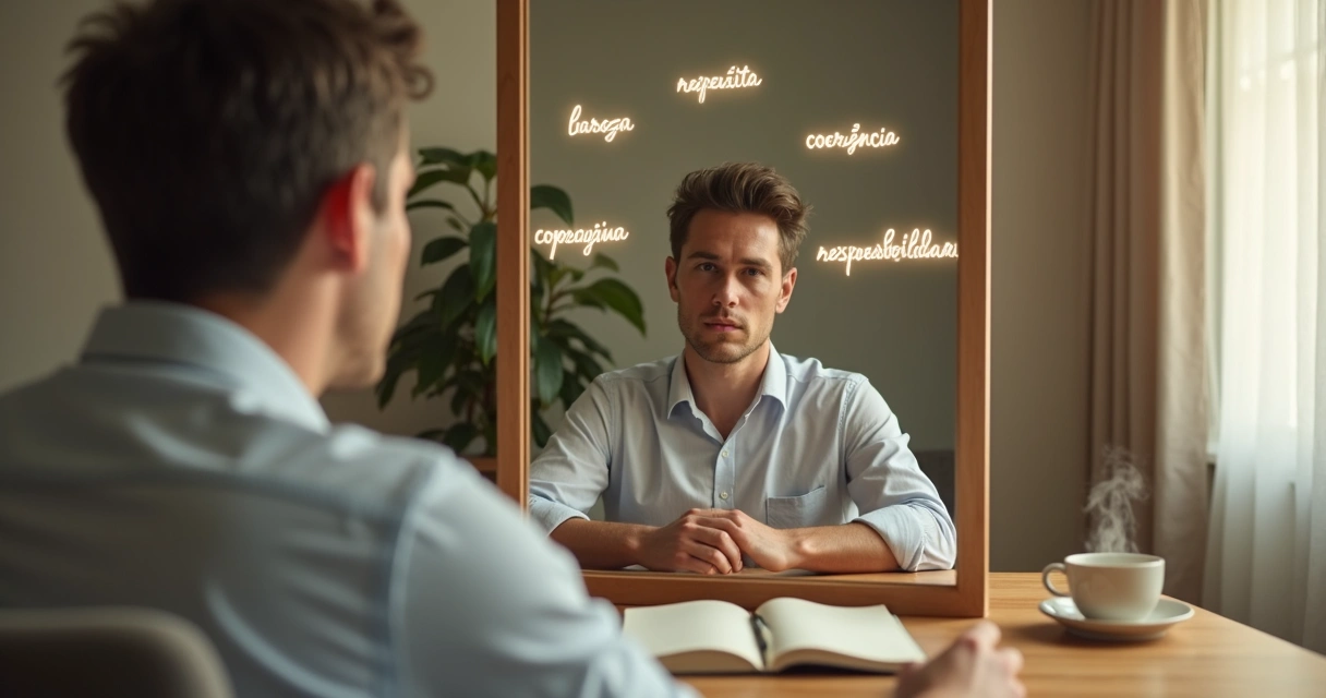 Pessoa refletindo diante de espelho com palavras positivas ao redor 