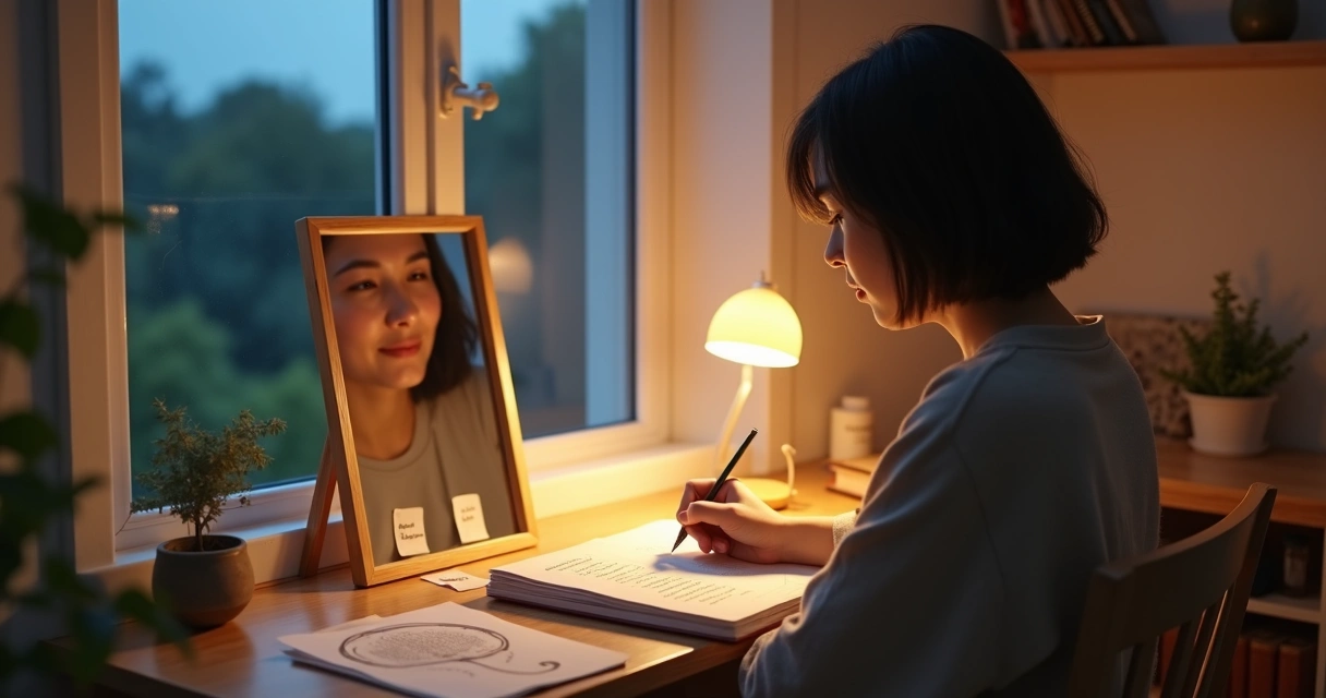 Persona escribiendo diálogo interno frente a un espejo con esquema de mente y corazón 