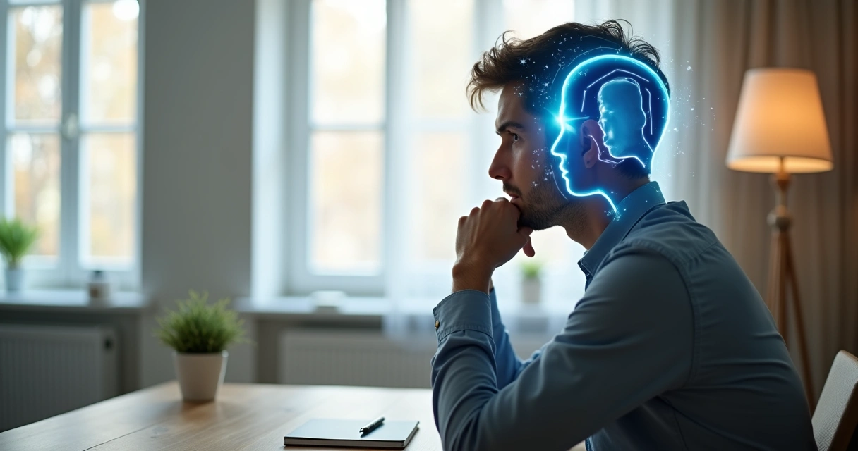 Pessoa em reflexão com duas vozes internas ao fundo 