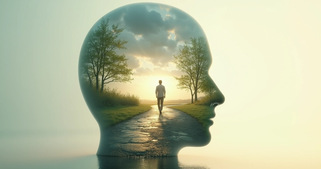Persona caminando dentro de un paisaje que representa su mente con frases flotando alrededor 