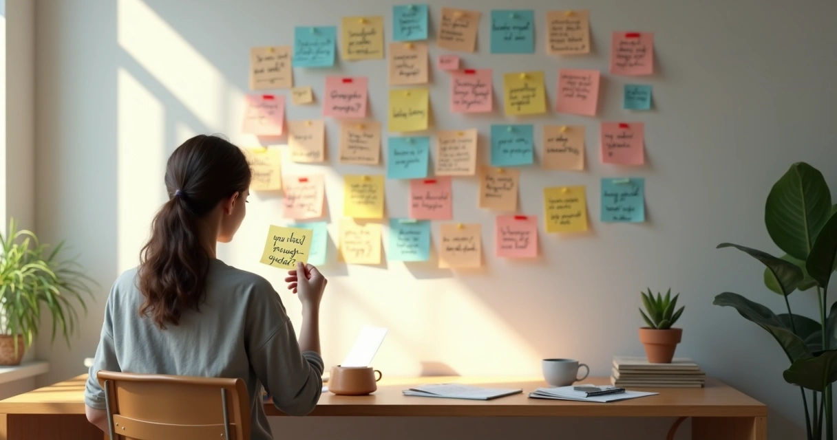 Pessoa em escritório minimalista olhando para post-its com frases duras e gentis misturadas na parede 