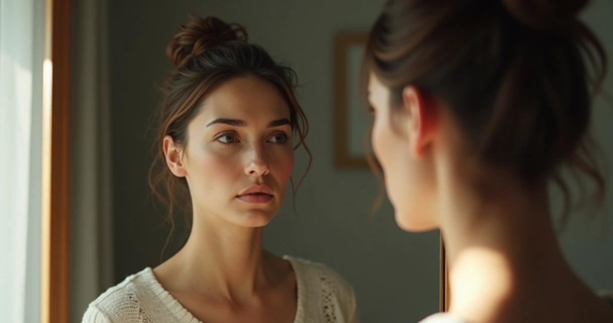 Mujer pensativa mirando su reflejo en el espejo, expresión seria 