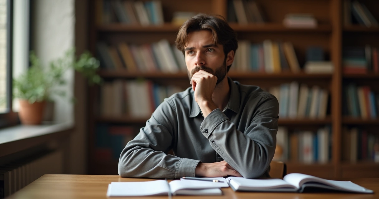 Persona reflexionando sentada con expresión de análisis