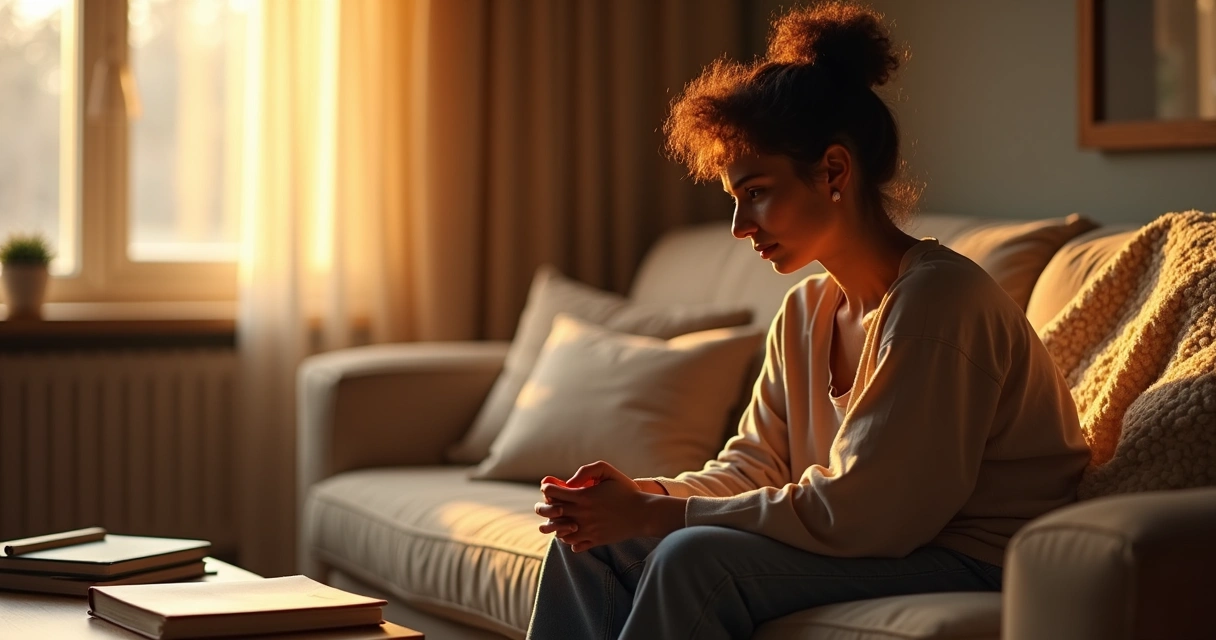 Persona sentada en un sofá con una expresión reflexiva, ambiente cálido y relajante 