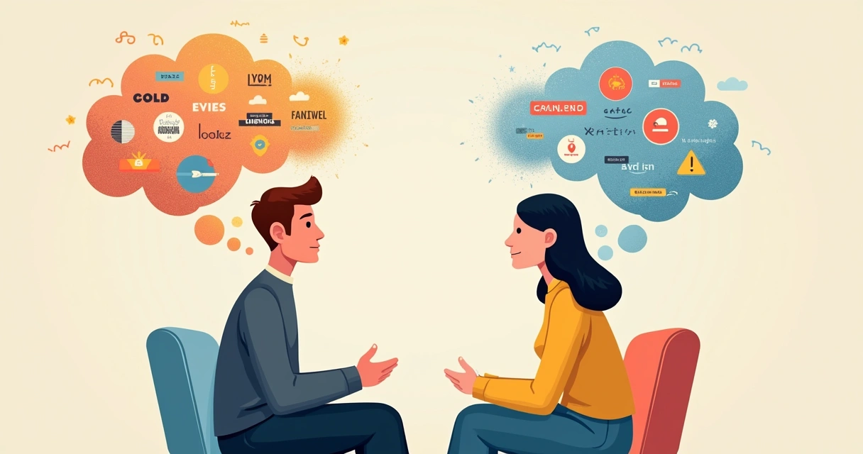 Dos personas conversando sentadas, pero cada una tiene una nube en la cabeza con diferentes pensamientos 