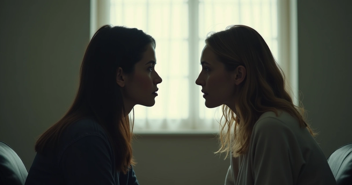 Dos personas dialogando en un entorno neutro, representando el conflicto interno 