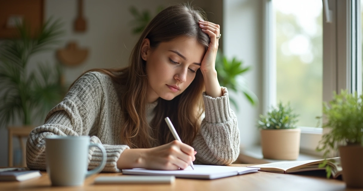 Persona sentada con expresión serena en un entorno luminoso mientras escribe en una libreta, café al lado, y fondo desenfocado