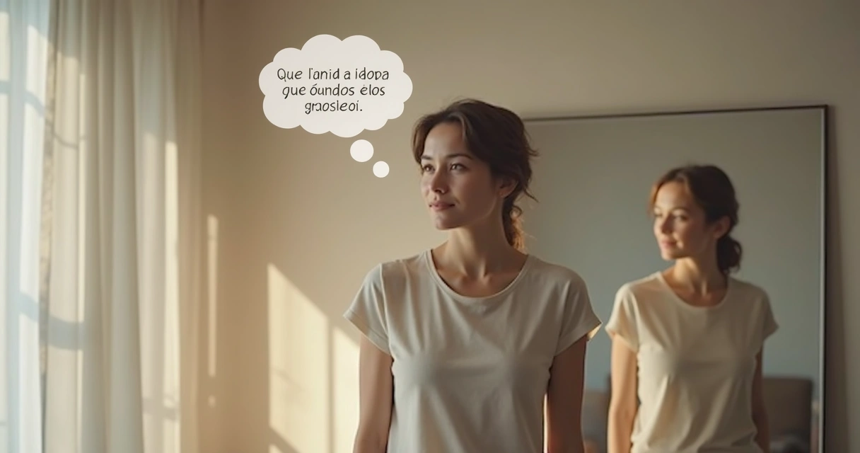 Persona reflexionando frente a un espejo, visualizando pensamientos positivos 