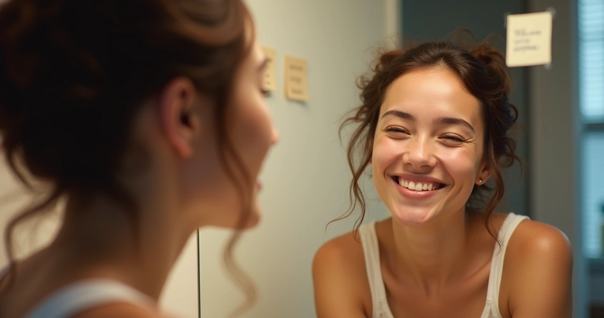 Primer plano de una persona sonriendo frente a un espejo 