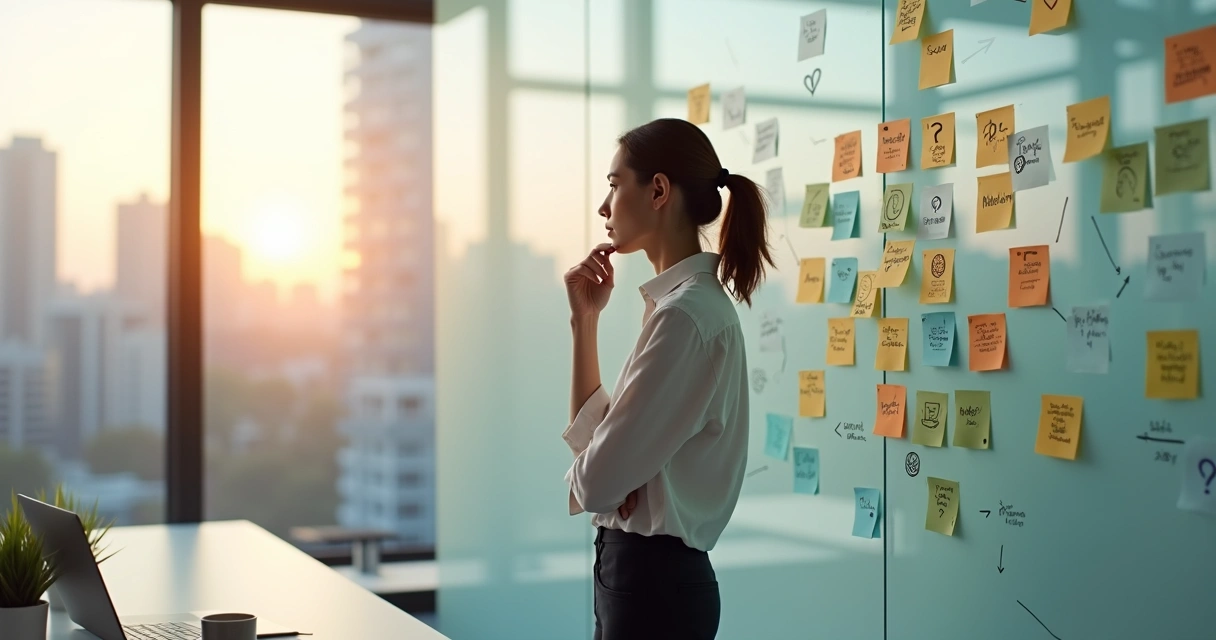 Profissional em pé diante de mural com pensamentos organizados em post-its coloridos 