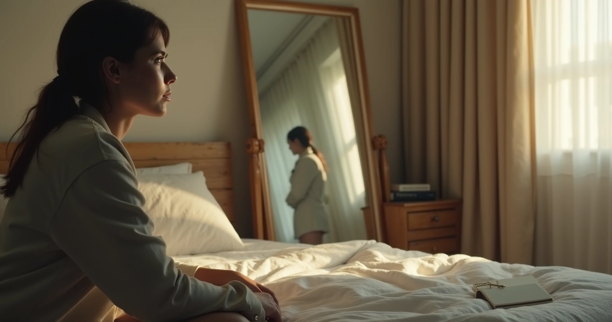 Pessoa refletindo diante do espelho com duas versões de si mesma em segundo plano 