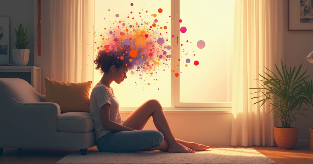 Pessoa serenamente sentada em um ambiente tranquilo, com elementos abstratos representando pensamentos e emoções ao redor