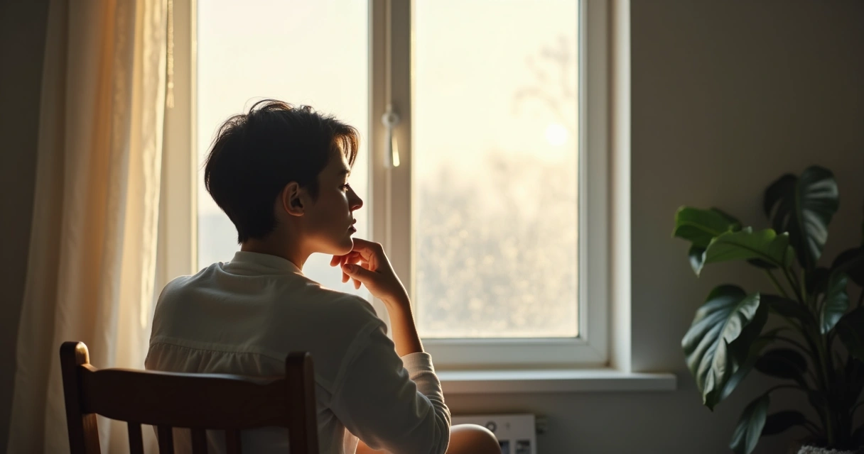 Pessoa sentada junto a janela, olhando para fora, imagem de diálogo interno e reflexão.