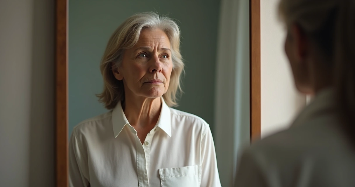 Persona mirando su reflejo en un espejo, representando autoevaluación 