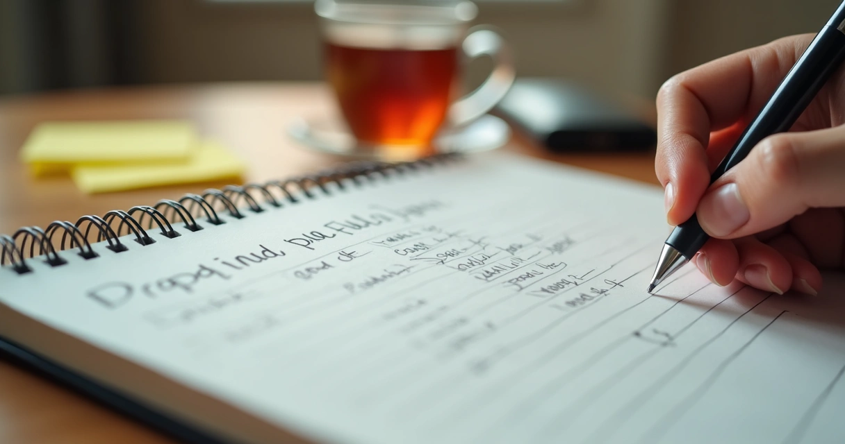 Cuaderno abierto con frases escritas y una mano sosteniendo un bolígrafo 