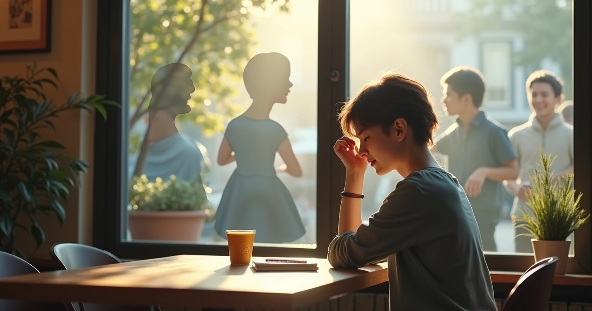 Persona pensativa con siluetas conversando en su mente 