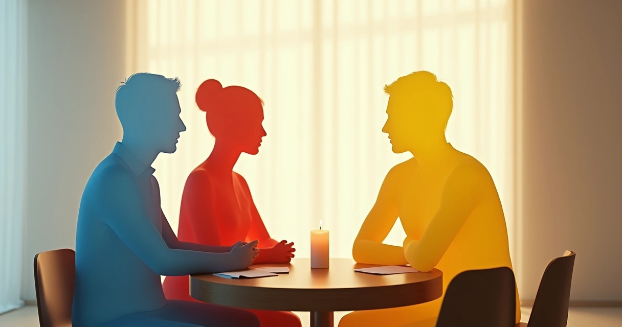 Silueta humana dividida en varias figuras de colores dialogando entre sí 