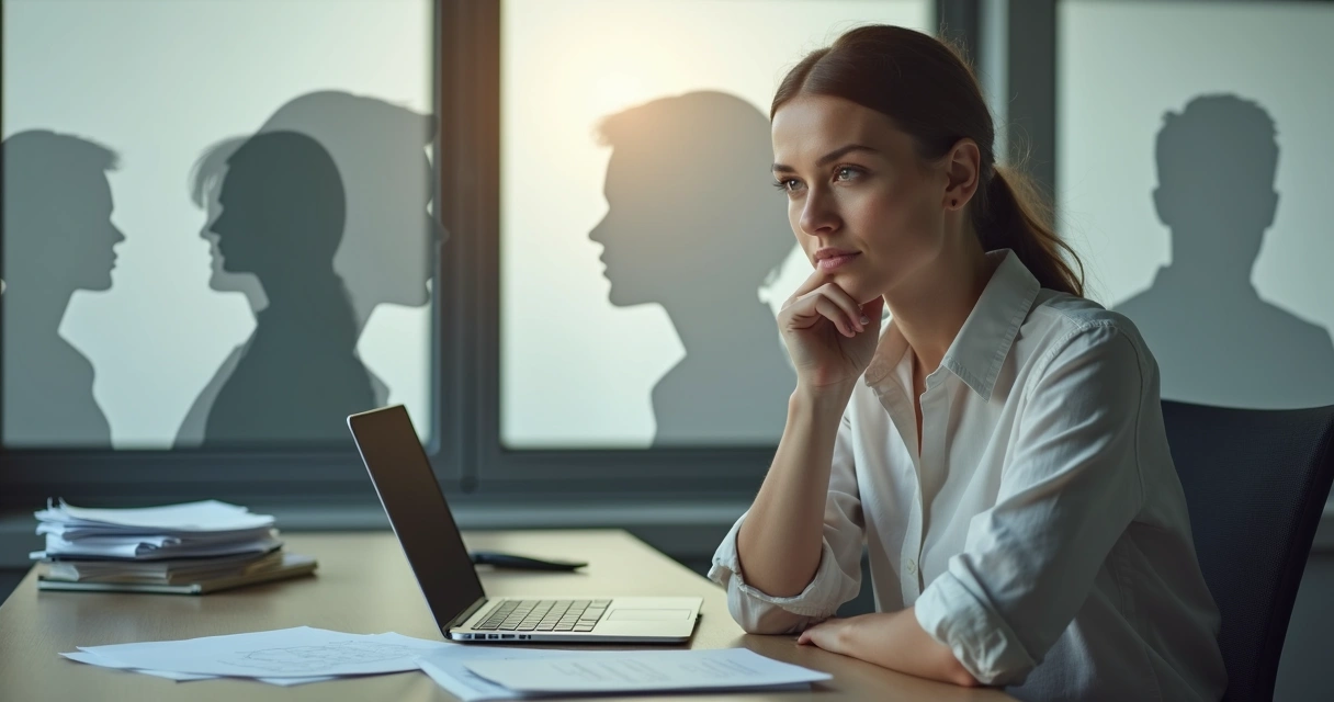Profissional sentado à mesa, expressando reflexão, rodeado por papéis e computador.
