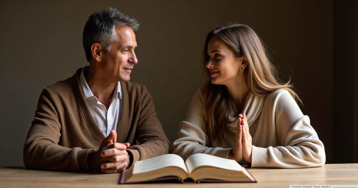 Duas pessoas conversando, uma com terço nas mãos, outra com livro sagrado, ambas em tom de escuta e respeito, sentadas lado a lado. 
