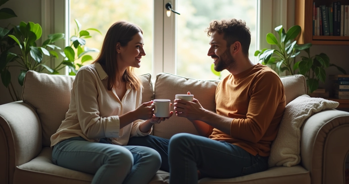 Duas pessoas conversando sentadas, em ambiente acolhedor, transmitindo tranquilidade 