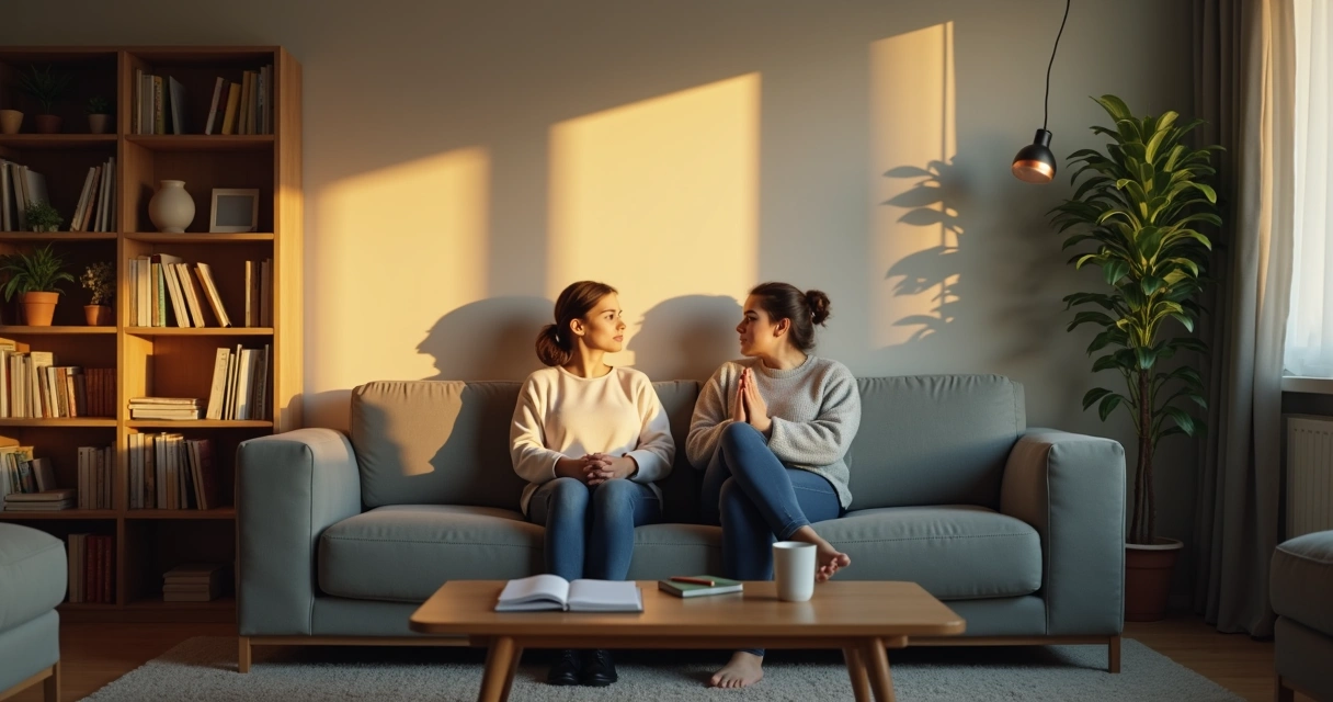 Duas pessoas conversando em sala de estar com sombras contrastantes na parede 