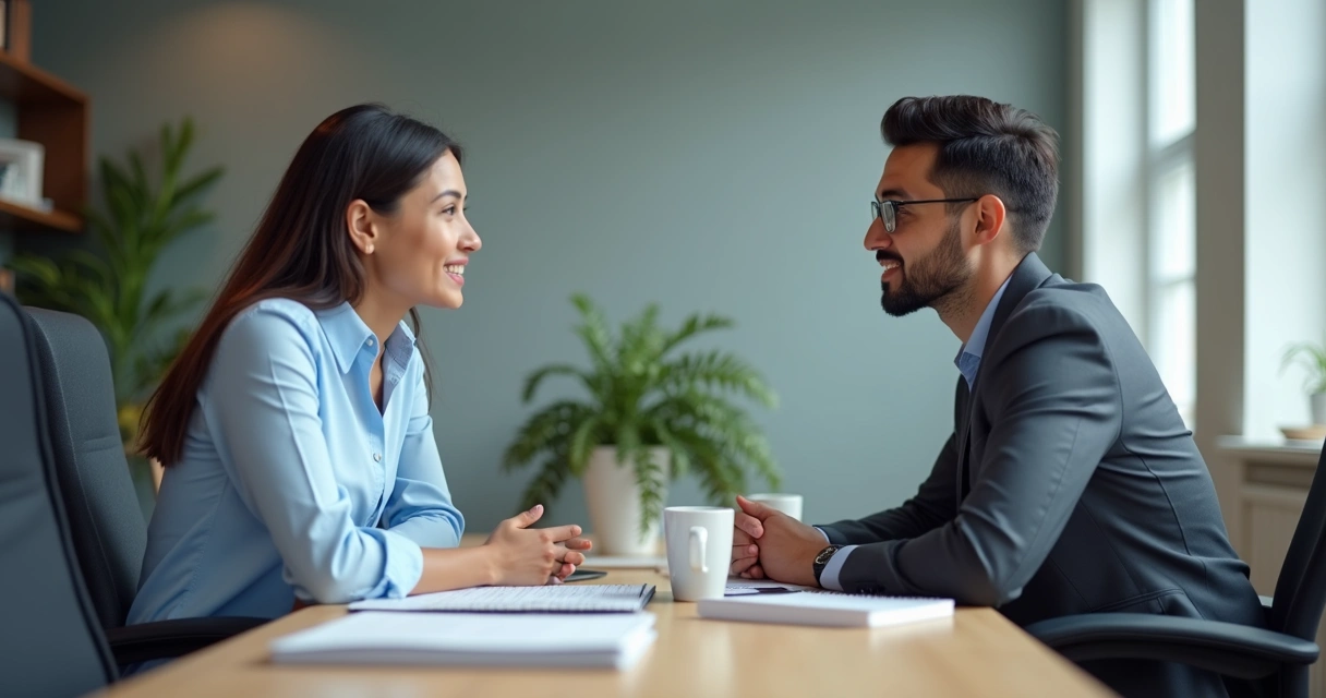 Dos colegas conversando con atención junto a una mesa de trabajo 