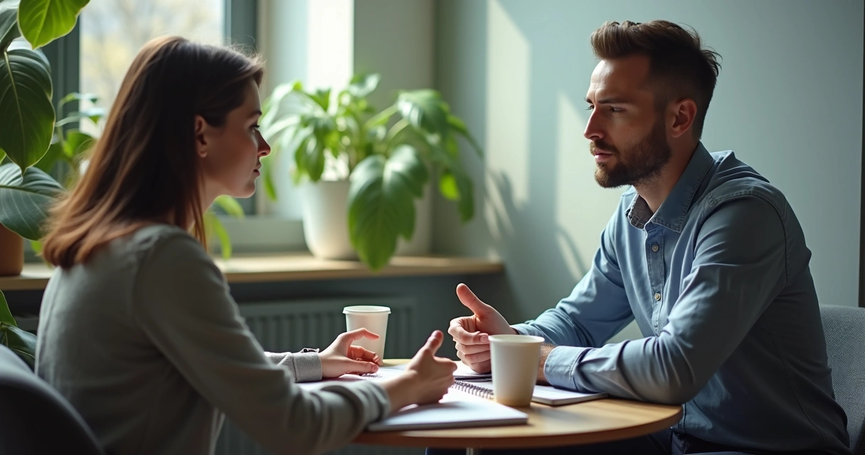 Dos colegas conversando con respeto en la oficina 