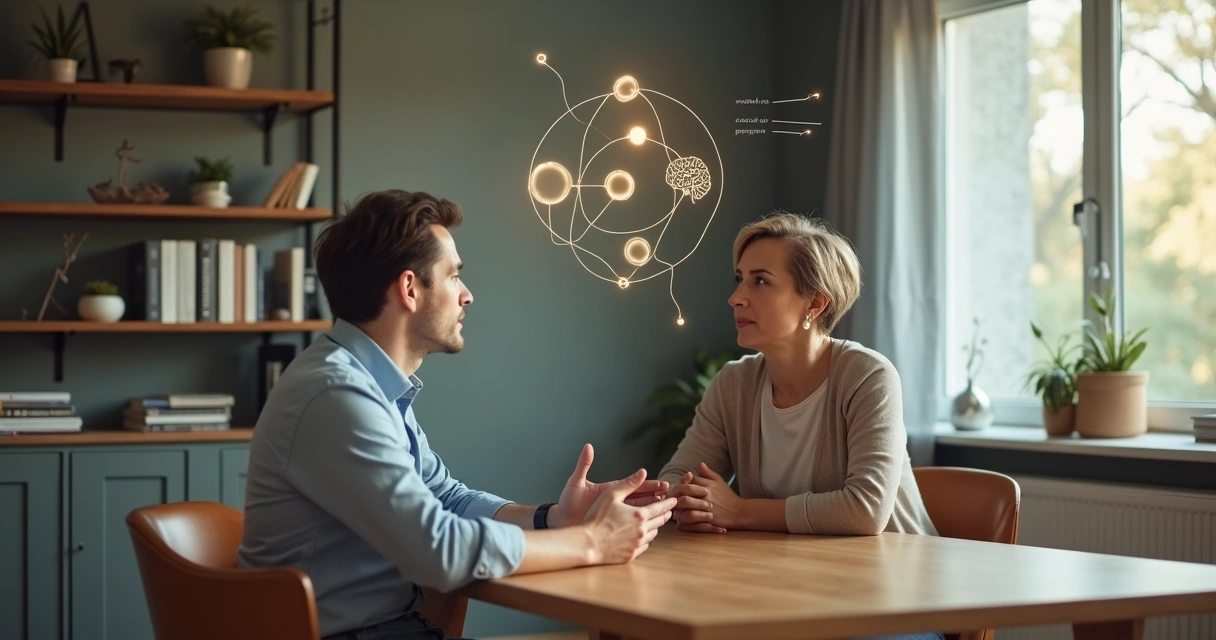 Persona conversando con otra mientras visualiza un diagrama mental abstracto 