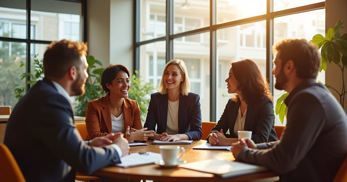Líder conversando com equipe em reunião informal 