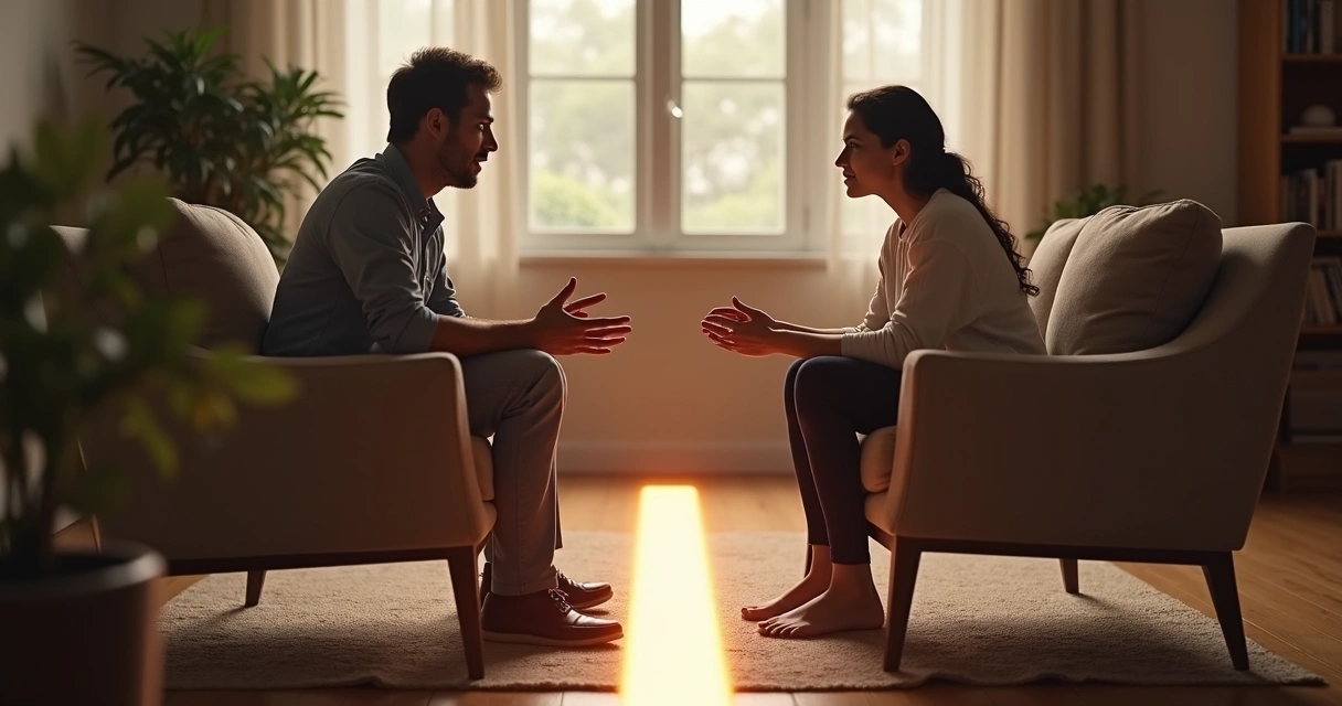 Dos personas conversan frente a frente separadas por una línea luminosa en el suelo 