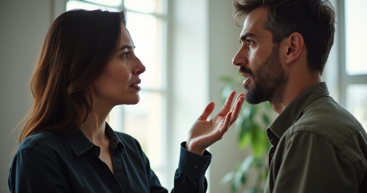 Dos personas conversando, una haciendo un gesto de límite con la mano.