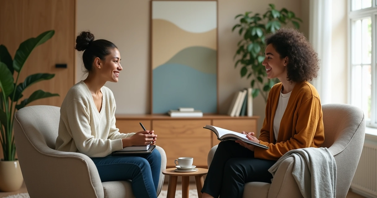 Duas pessoas conversando sobre limites pessoais em sala de estar aconchegante 