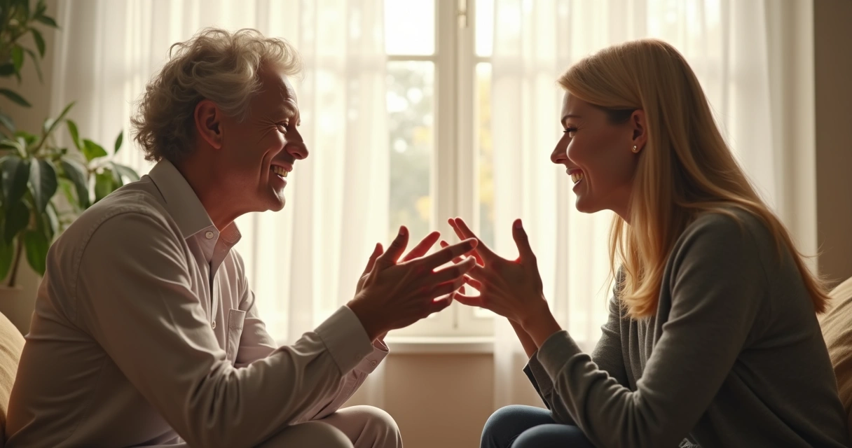 Duas pessoas conversam serenamente em uma sala clara, sentadas frente a frente, mantendo linguagem corporal harmoniosa e gestos calmos