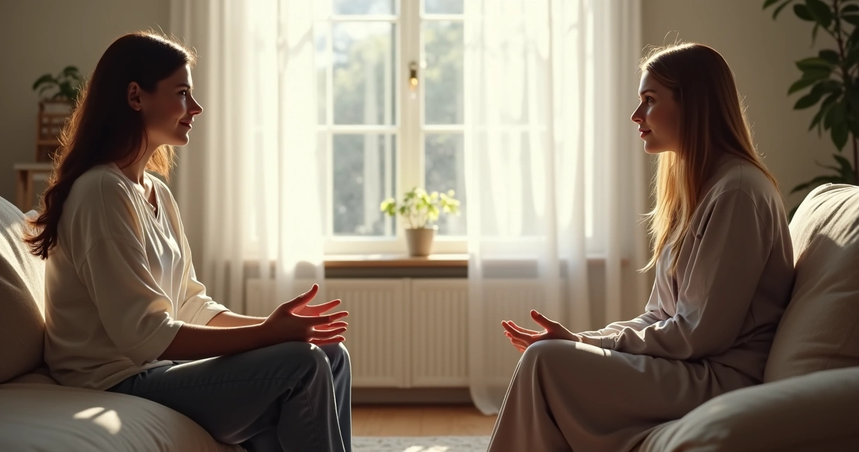 Duas pessoas conversando em uma sala iluminada