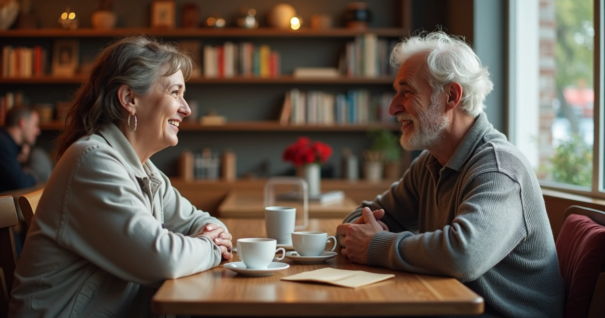 Dois amigos conversando em tom construtivo sentados em uma cafeteria 