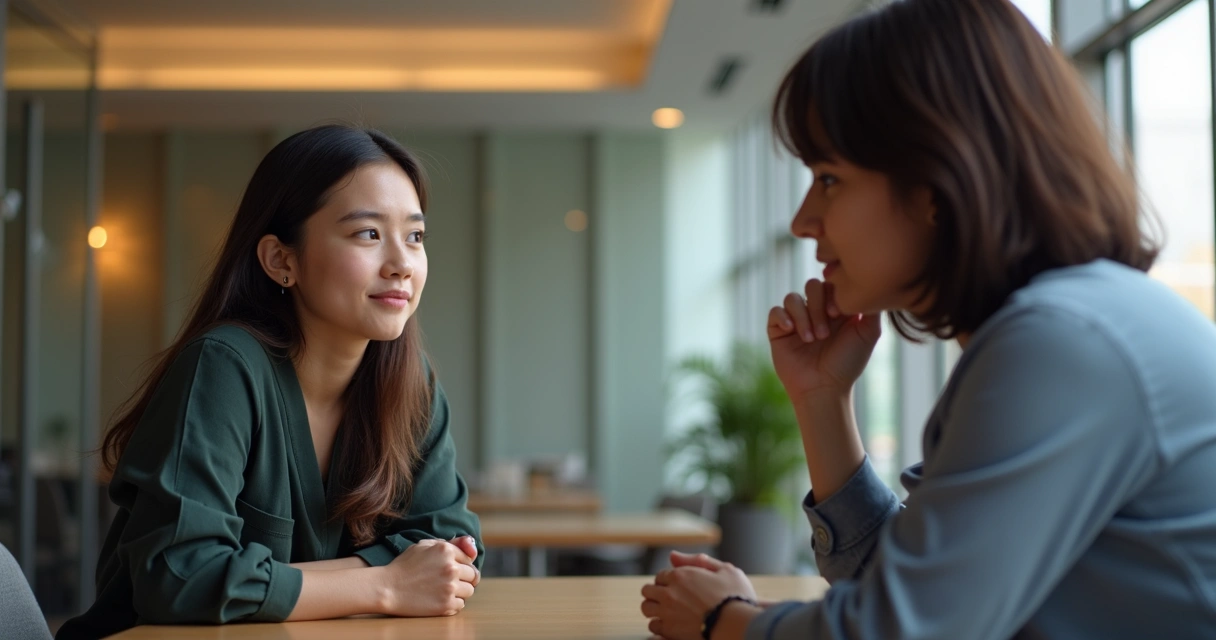 Dos personas dialogando serenamente, una ofreciendo retroalimentación a otra