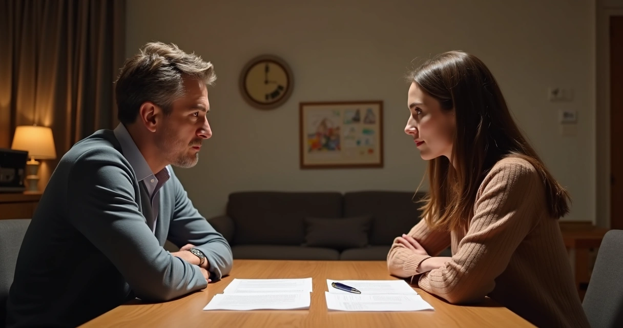 Duas pessoas conversando calmamente em uma mesa 