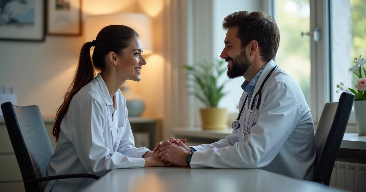 Profissional de saúde sentado em consultório, olhando nos olhos de um paciente, ambos sorrindo, cena iluminada com atmosfera confortável e detalhes sutis na decoração 